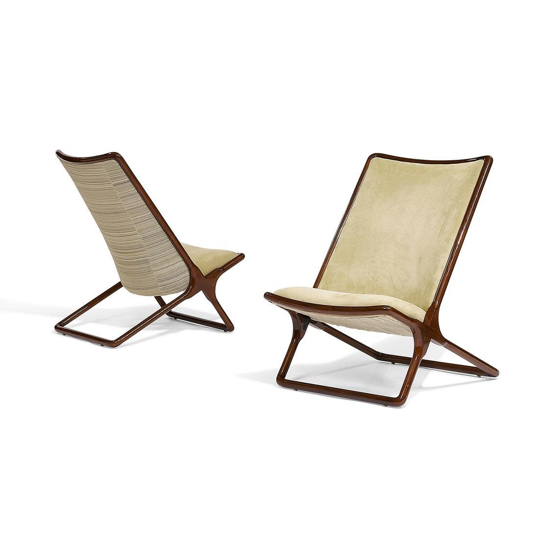 Ward Bennett for Brickell lounge chairs, pair: Ward Bennett (1917-2003) for Brickell Industries Scissor lounge chairs, pair New York, New York, 1970s tan suede, upholstery, lacquered ash unmarked 24 1/4"w x 30"d x 33 3/4"h
