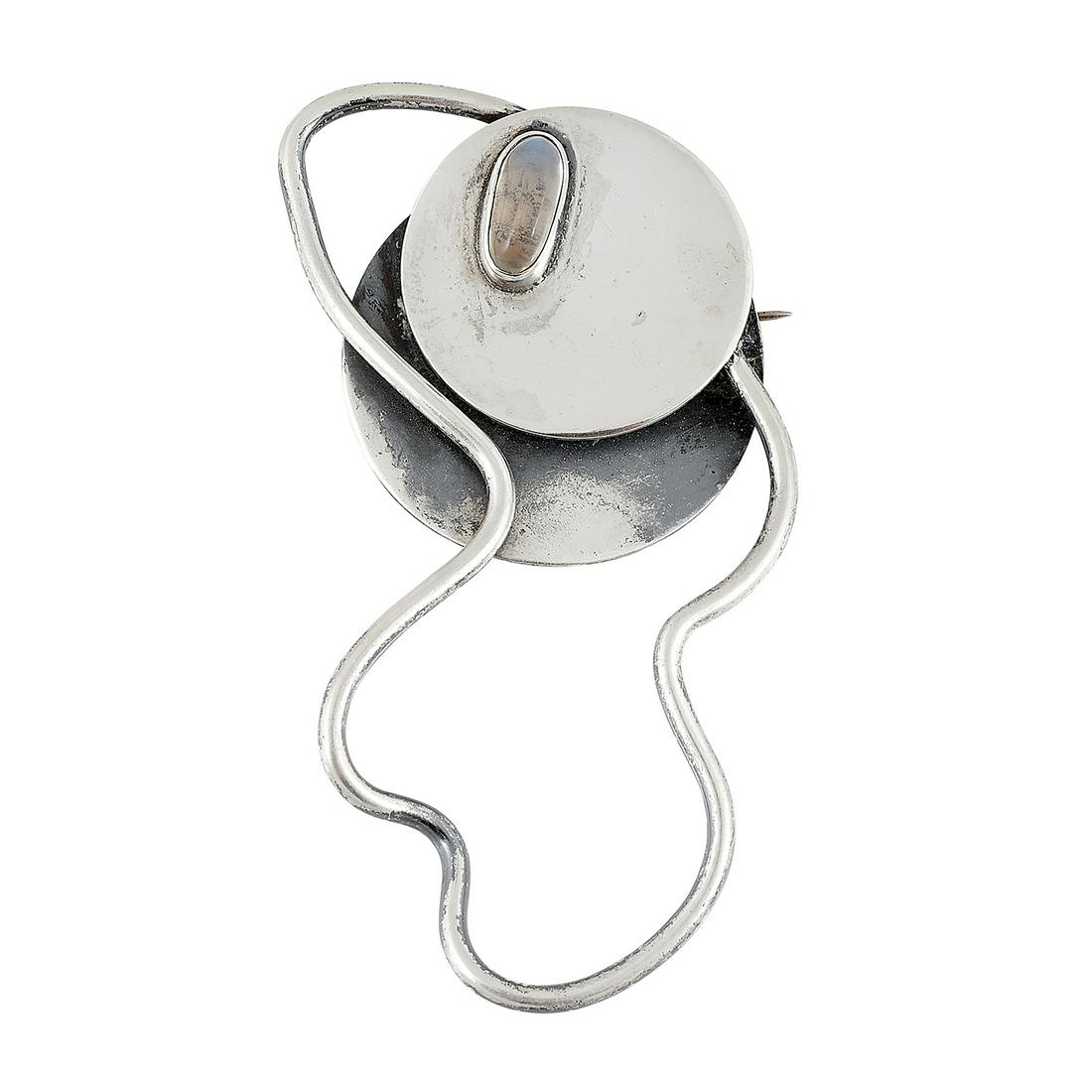Joan Hurst & Jill Kingsbury modernist brooch: Joan Hurst & Jill Kingsbury modernist abstract brooch New York, New York sterling silver, moonstone stamped marks 16.5 dwts 1 3/4"w x 3 3/8"h Provenance: The Paul & Terry Somerson Collection of 20th a