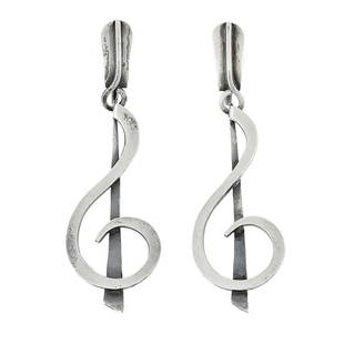 Paul Lobel musical notes screwback earrings: Paul Lobel (1899-1983) stylized musical notes screwback earrings New York, New York sterling silver stamped marks 6.5 dwts each: 5/8"w x 1 5/8"h Provenance: The Paul & Terry Somerson Collection of 20t