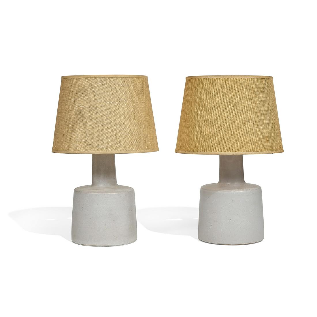 Gordon & Jane Marshall Martz table lamps, pair: Gordon Martz (1924-2015) & Jane Marshall Martz (1929-2007) for Marshall Studios table lamps, #M105, pair Veedersburg, Indiana, 1960s glazed ceramic, walnut each signed 10"dia x 15 5/8"h