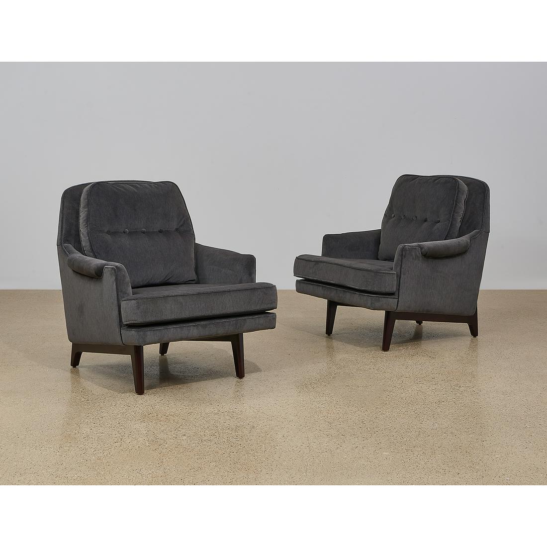 Roger Sprunger for Dunbar lounge chairs, pr, #484: Roger Sprunger (1920-2008) for Dunbar lounge chairs, pair, #484 Berne, Indiana, 1960s grey velvet upholstery, walnut unmarked 31"w x 34"d x 33 1/2"h