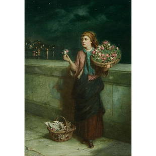 Augustus Edwin Mulready, A Town Flower Girl, 1885: Augustus Edwin Mulready (British, 1844-1905) A Town Flower Girl, 1885 oil on canvas signed and dated lower left 14 1/8" x 10 1/4"