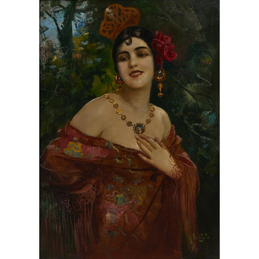 Arnaldo De Lisio, Portrait of a Woman: Arnaldo De Lisio (Italian, 1869-1949) Portrait of a Woman oil on canvas signed lower right 33 5/8" x 23 3/4"