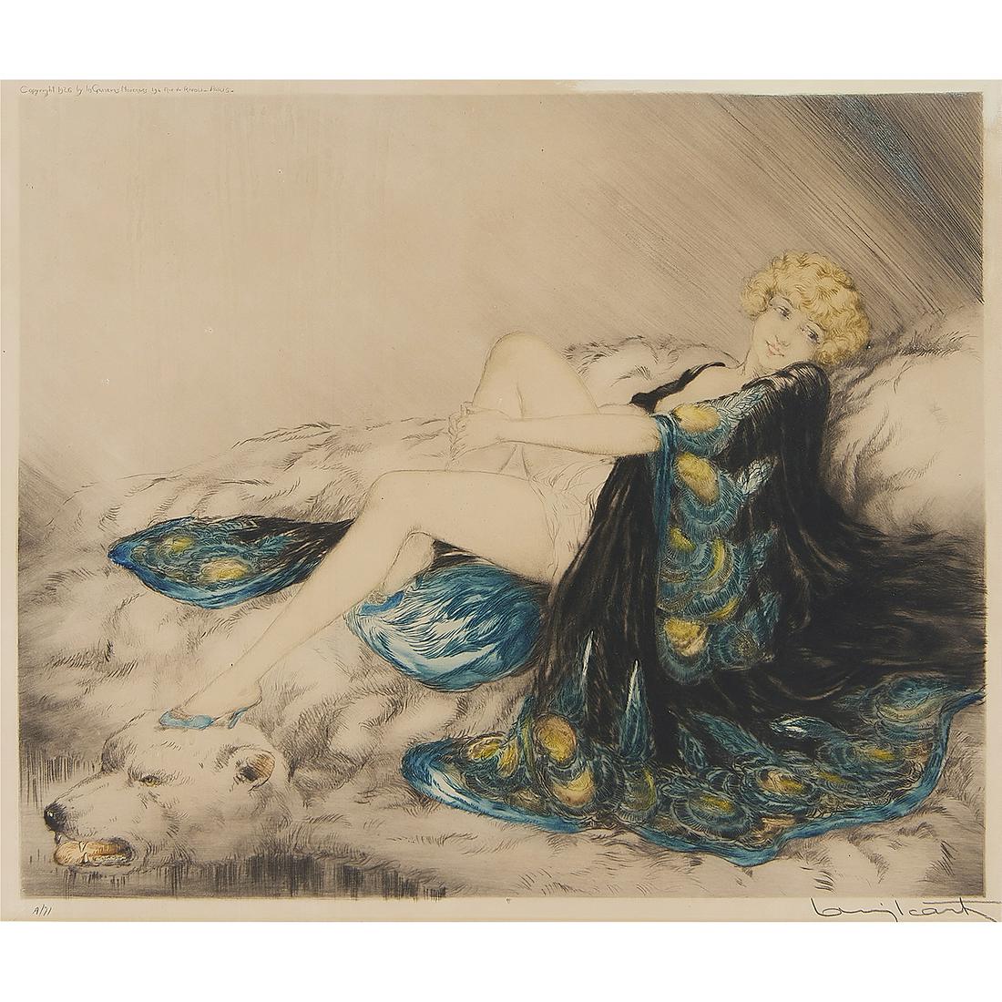 Louis Icart, Silk Robe, 1926: Louis Icart (French, 1888-1950) Silk Robe, 1926 etching and aquatint signed lower right; inscribed A/71 with windmill blindstamp lower left and copyright 1926 by Les Graveurs Modernes 194 Rue de Rivol