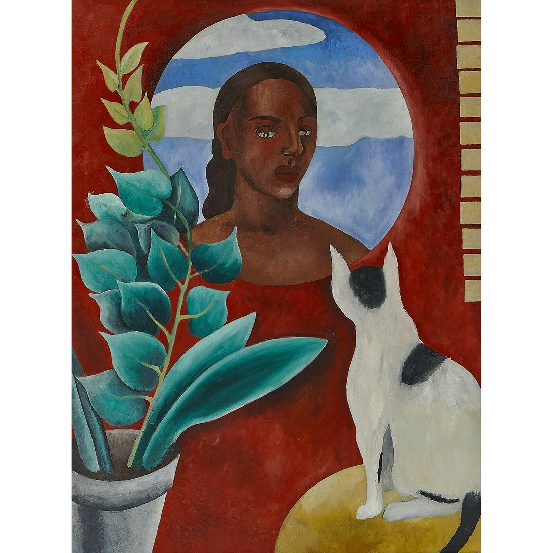 Karl Gasslander, Waiting, oil on canvas: Karl Gasslander (American, 1905-1997) Waiting oil on canvas titled (label verso) 40" x 30" Exhibitions: Woman's Club of Evanston, Illinois (label verso)