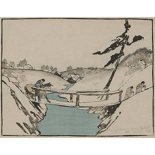 Bror Julius Olsson Nordfeldt, Three Travelers…: Bror Julius Olsson Nordfeldt (Swedish/American, 1878-1955) Three Travelers Crossing a Bridge in Snow, 1906, no. 150 color woodcut signed, dated and inscribed in graphite 8 1/8" x 10 5/8" Provenance: O