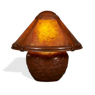 Aurora Studios / Michael Adams Red Warty lamp: Aurora Studios / Michael Adams Red Warty table lamp, #4 Putnam, Connecticut, 1995 copper, mica incised signature, dated, numbered 10 3/4"dia x 12"h