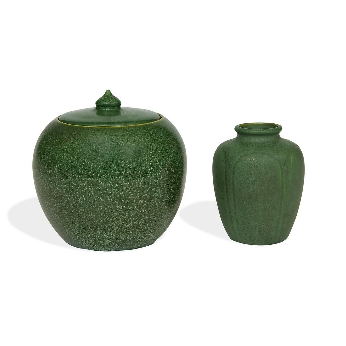 Hampshire Pottery lidded jar, #97 and vase, #110 (1 of 2)