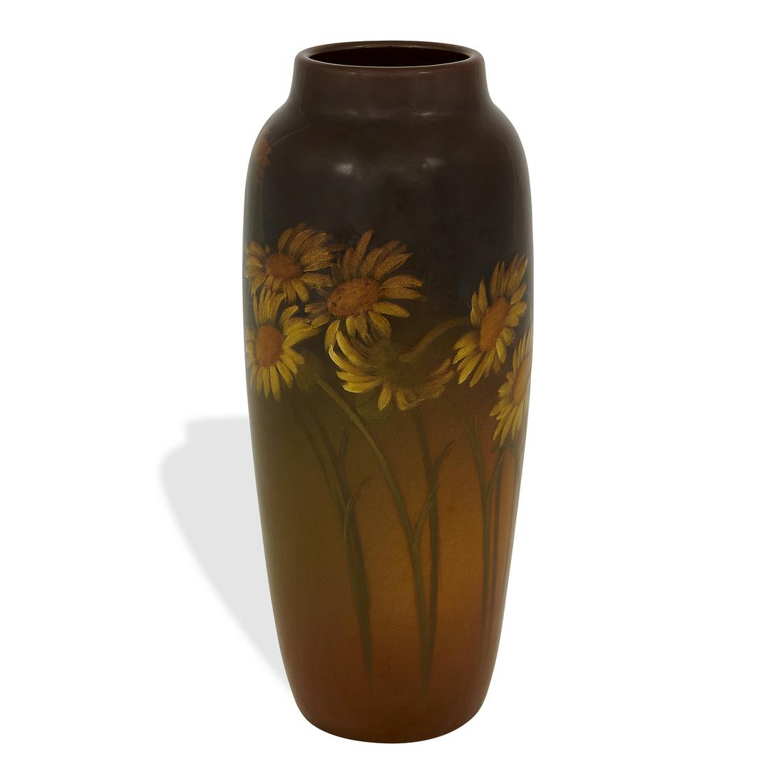 E.T. Hurley for Rookwood Pottery vase: E.T. Hurley (1869-1950) for Rookwood Pottery Standard Glaze vase decorated with daisies, #907DD Cincinnati, Ohio, 1903 high glazed ceramic impressed marks, incised maker's mark 3 3/4"dia x 9 3/4"h Pro