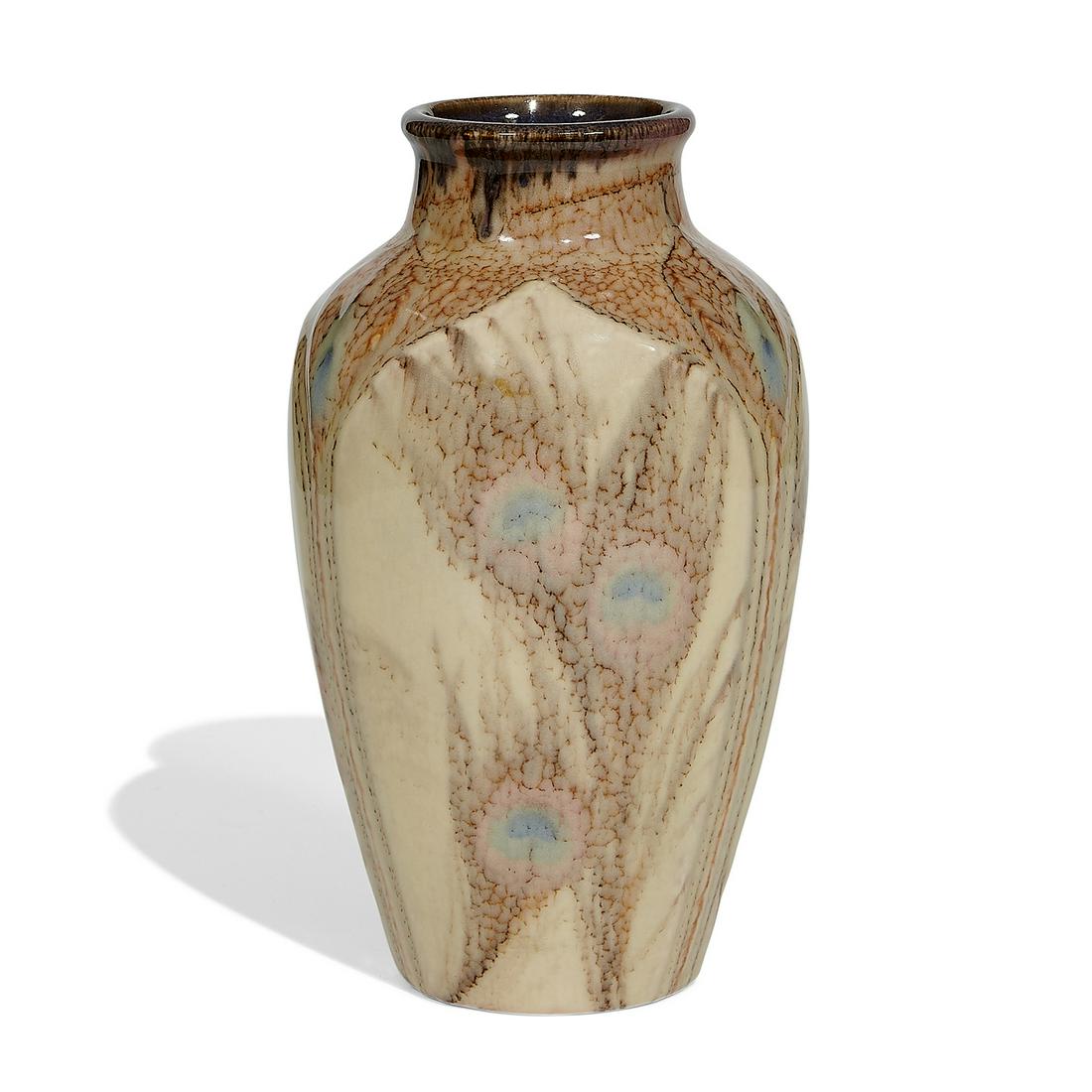 Sara Sax for Rookwood Pottery Butter Fat vase: Sara Sax (1870-1949) for Rookwood Pottery Butter Fat vase with peacock feathers, #2379 Cincinnati, Ohio, 1928 decorated and glazed ceramic impressed marks, inscribed maker's mark 5 3/4"dia x 10"h