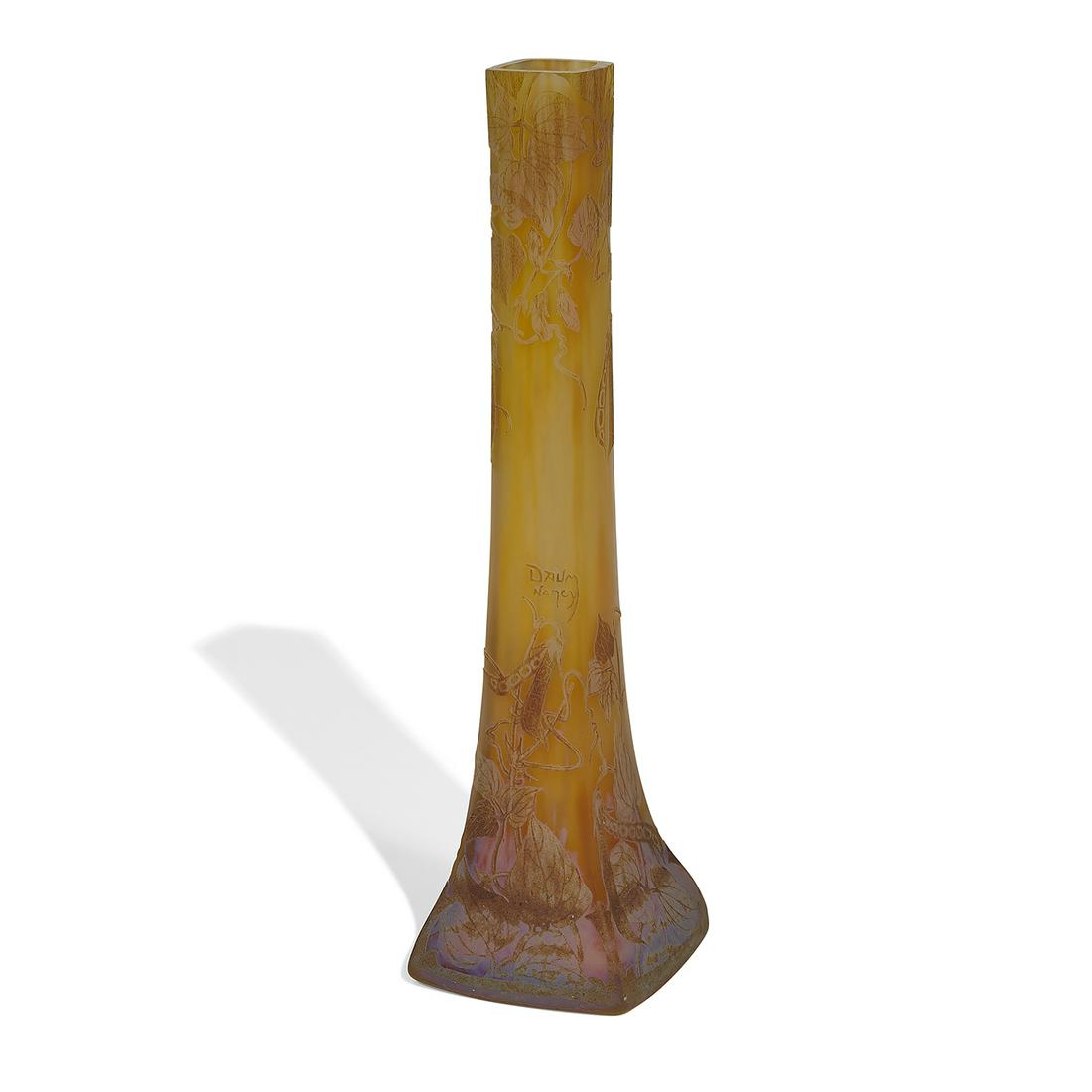 Daum tall vase decorated with peapod vines: Daum tall vase decorated with peapod vines Nancy, France cameo glass signed in cameo 5"sq x 17 3/4"h