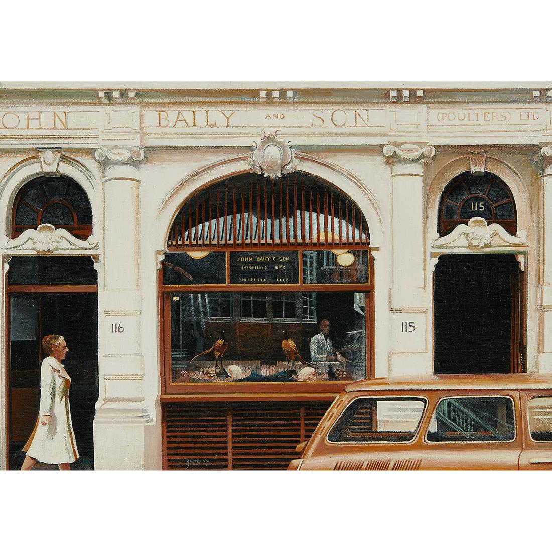 Frank Elliot Gunter, Poultry Shop..., London: Frank Elliot Gunter (American, b. 1934) Poultry Shop on Mount St., London, 1974 oil on canvas signed, dated and titled verso 14" x 20" Provenance: The Estate of Nina and Jack Stillinger, Urbana, Illin