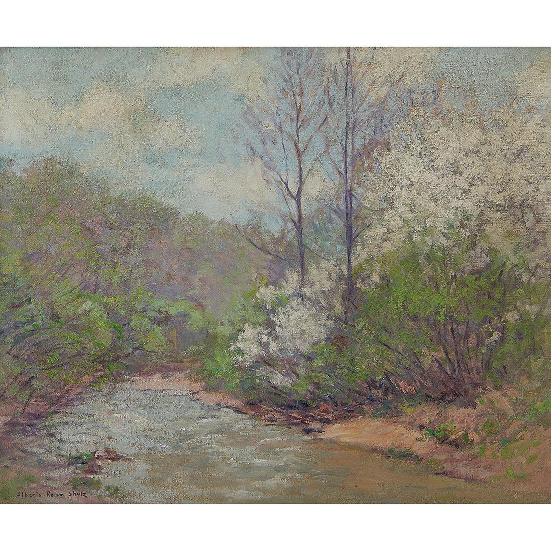 Alberta Rehn Shulz, Spring Freshet, oil on canvas: Alberta Rehn Shulz (American, 1892-1980) Spring Freshet oil on canvas signed lower left; titled and signed verso on stretcher bar 24 3/4" x 30"