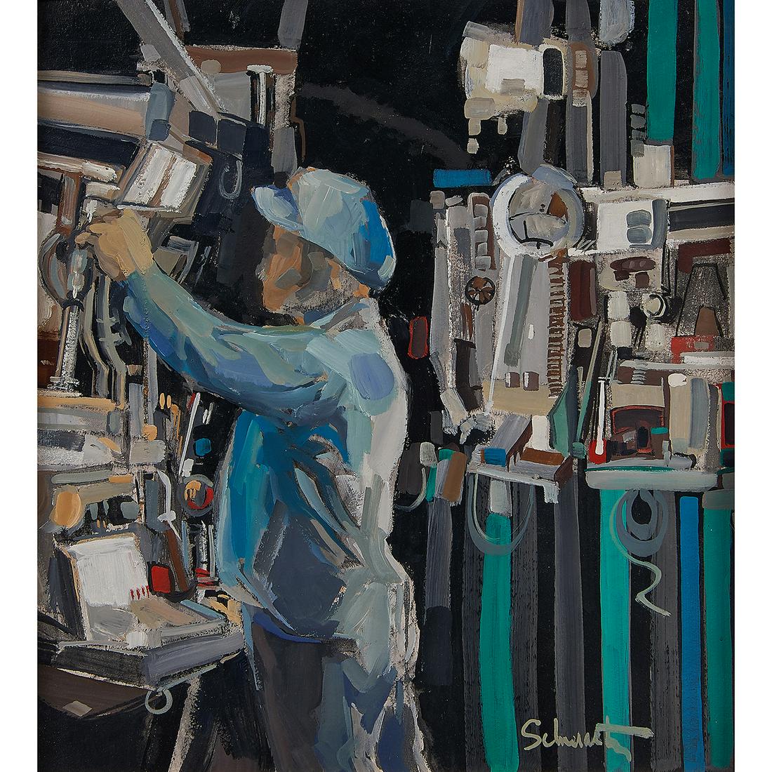 Carl Schwartz, Industrial Scene, oil on board (1 of 2)