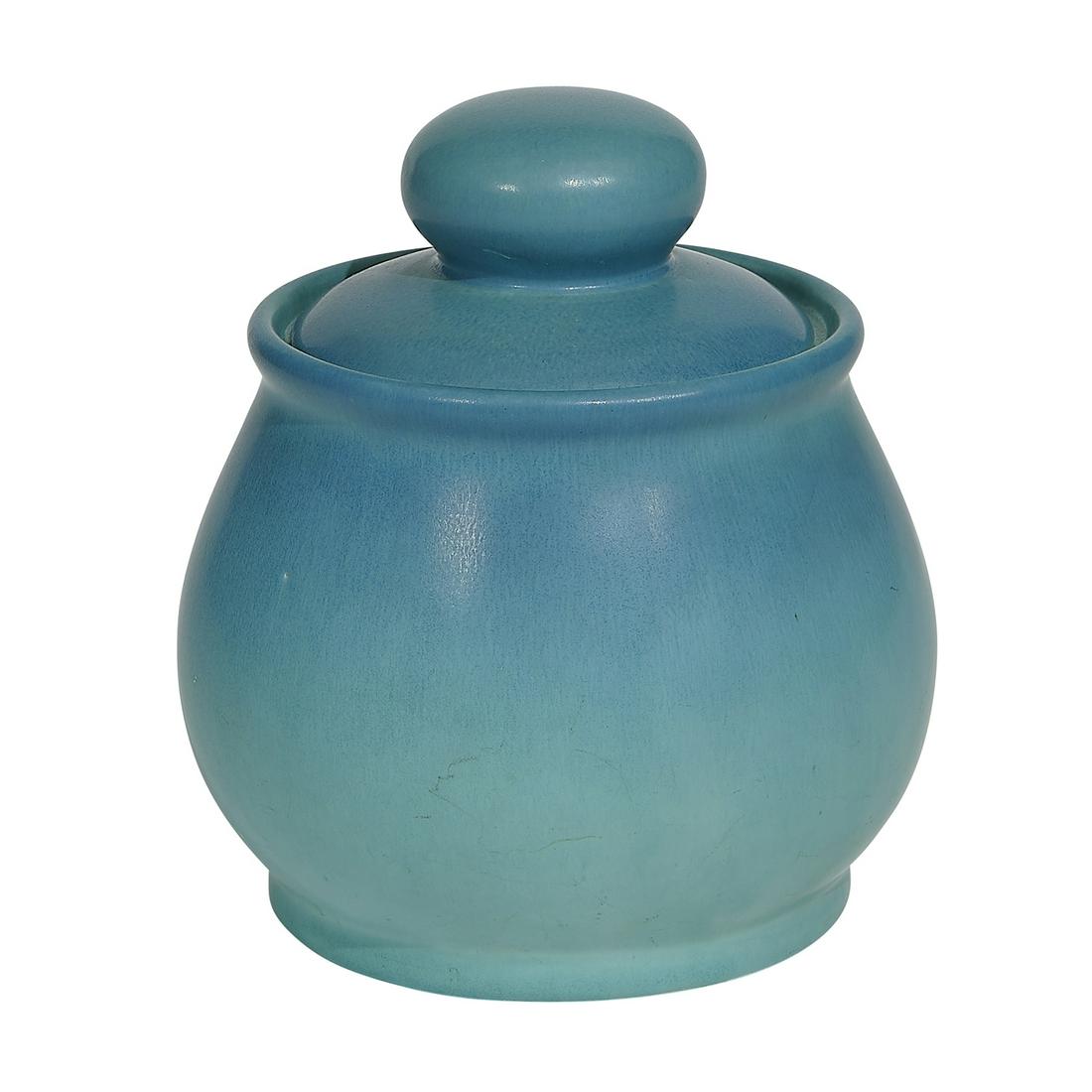 Rookwood Pottery humidor, #683: Rookwood Pottery humidor, #683 Cincinnati, Ohio, 1921 blue matte glazed ceramic impressed marks 6 1/2"dia x 7 1/8"h Provenance: The Collection of Robert F. Francek, Glen Ellyn, Illinois