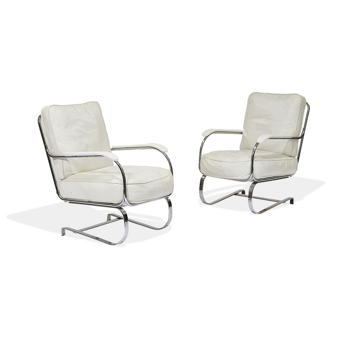 K.E.M. Weber armchairs, pair: K.E.M. Weber (1889-1963) for Lloyd Manufacturing Springer armchairs, pair USA, circa 1935 white leather, chrome-plated steel, lacquered wood unmarked 25"w x 36"d x 36"h