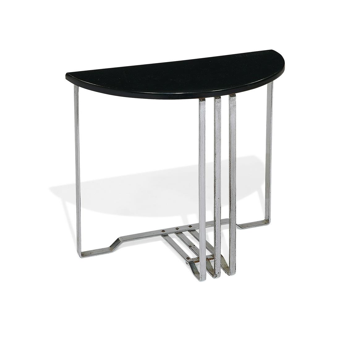 Wolfgang Hoffmann demilune side table: Wolfgang Hoffmann (1900-1969) for Howell Furniture demilune side table St. Charles, Illinois, circa 1930 chrome-plated steel, lacquered wood unmarked 25 3/4"w x 13"d x 21 7/8"h