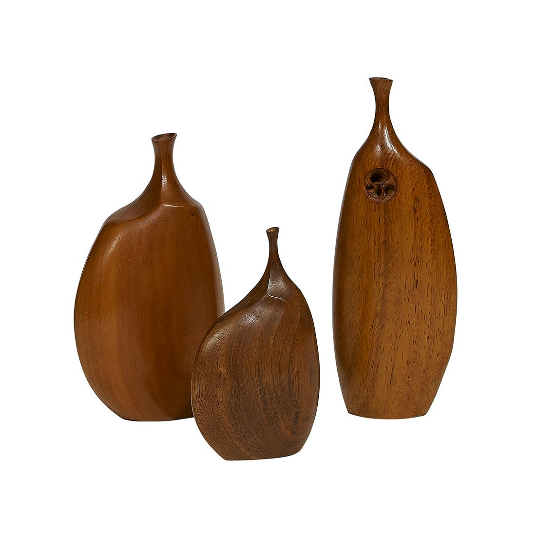 Doug Ayers for Mindscape Gallery weed pots, three: Doug Ayers for Mindscape Gallery weed pots, three Evanston, Illinois, circa 1970 black walnut signatures to base of two examples and sticker label to third tallest: 4"w x 2"d x 10"h