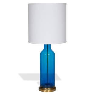 Blenko Glass Company large Urn table lamp: Blenko Glass Company large Urn table lamp Milton, West Virginia, 1960s blue glass, brass, linen unmarked 10"dia x 40"h