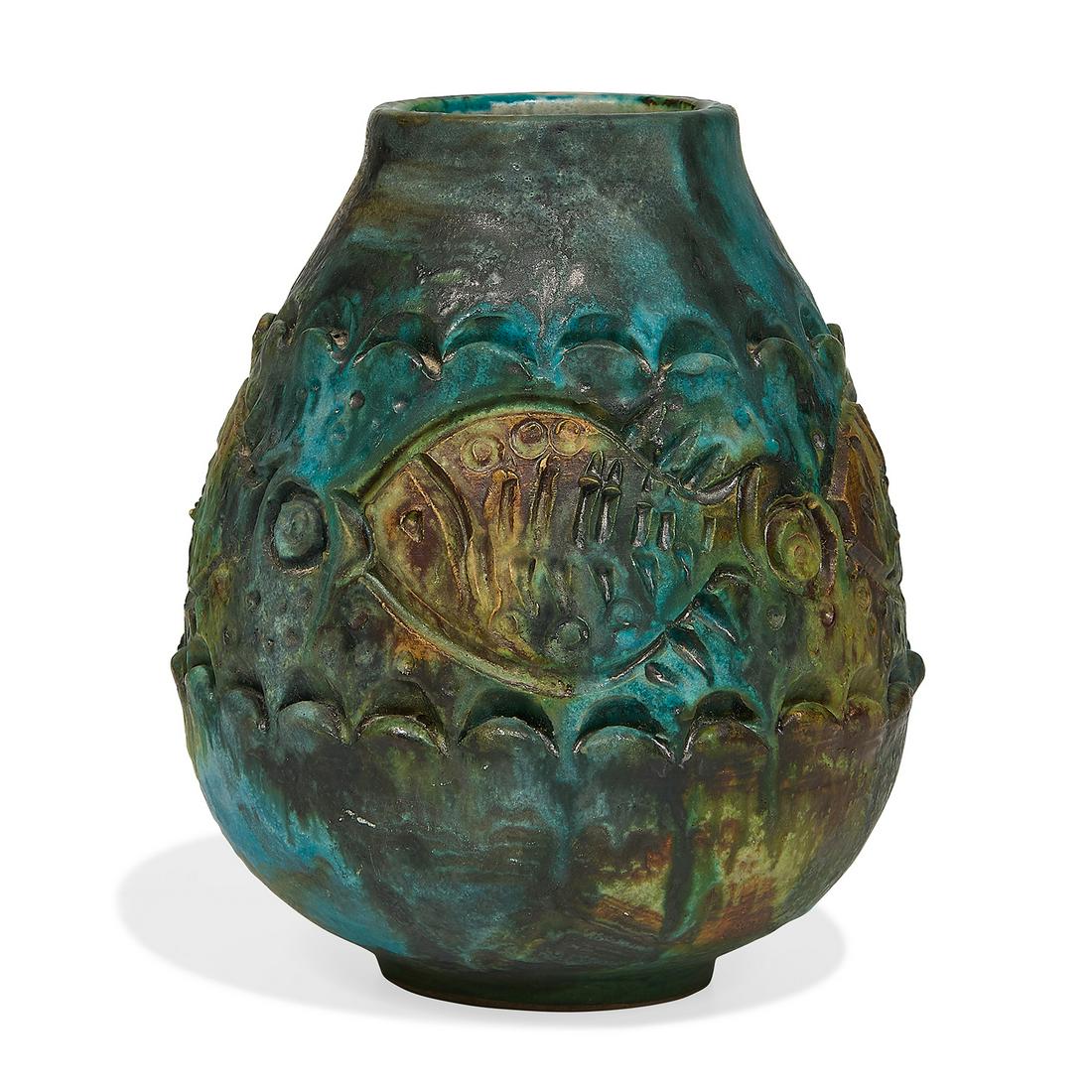 Alvino Bagni Sea Garden vase with fish motif: Alvino Bagni (1919-2000) for Bitossi, distributed by Raymor Sea Garden vase with fish motif, #2359 Italy, 1960s blue, green, orange and black glazed ceramic signed with distributor labels, stamped Ita