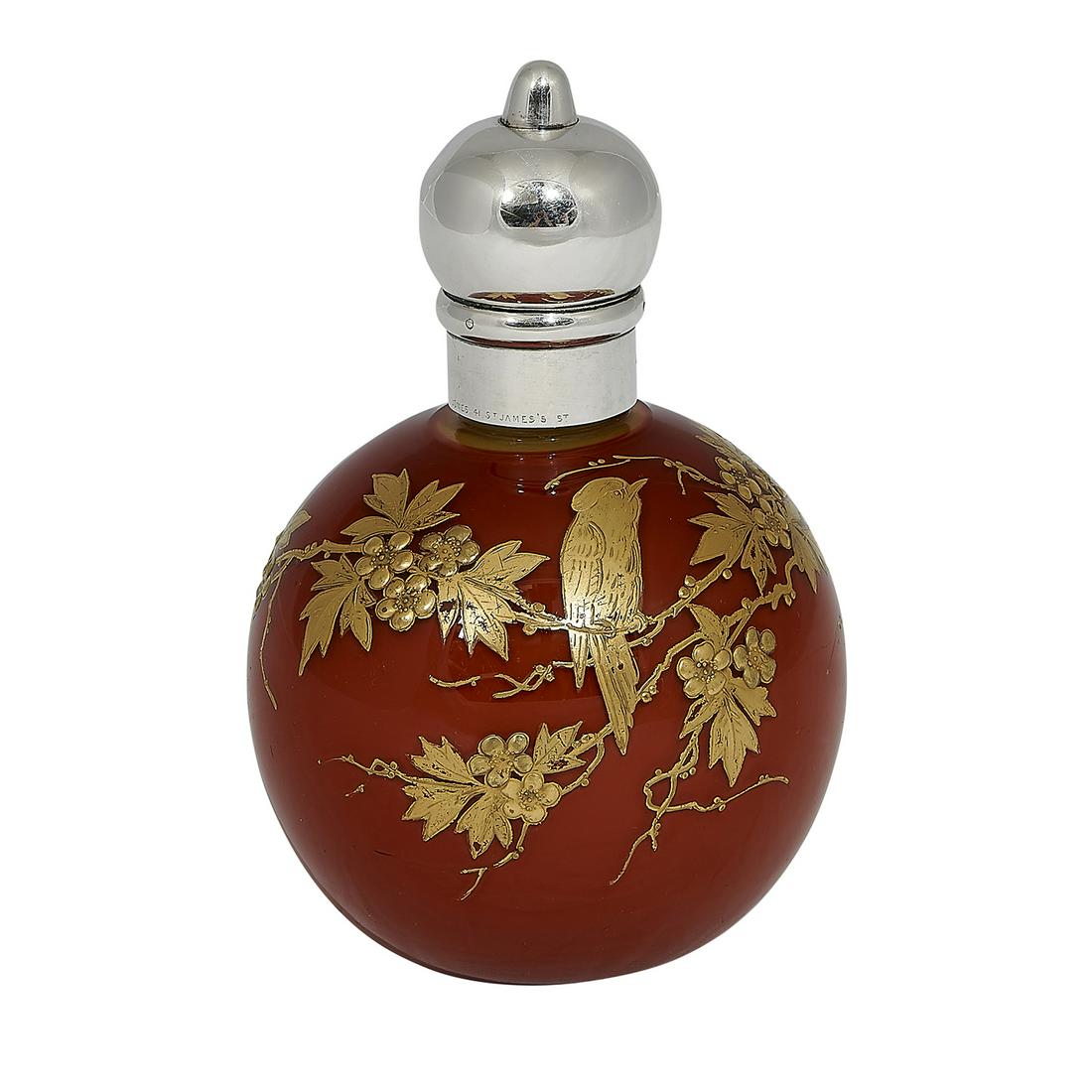 T. Johnson II & Attributed to T. Webb atomizer: Victorian, Thomas Johnson II & Attributed to Thomas Webb atomizer with foliate branches and bird decoration London, England, 1880 silver, red cased glass with gilt additions stamped hallmarks to silve