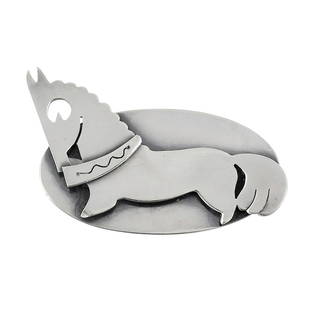 Paul Lobel pony brooch: Paul Lobel (1899-1983) pony brooch New York, New York sterling silver stamped marks 19.7 dwts 3"w x 1 3/4"h Provenance: The Paul & Terry Somerson Collection of 20th and 21st Century Metalwork and