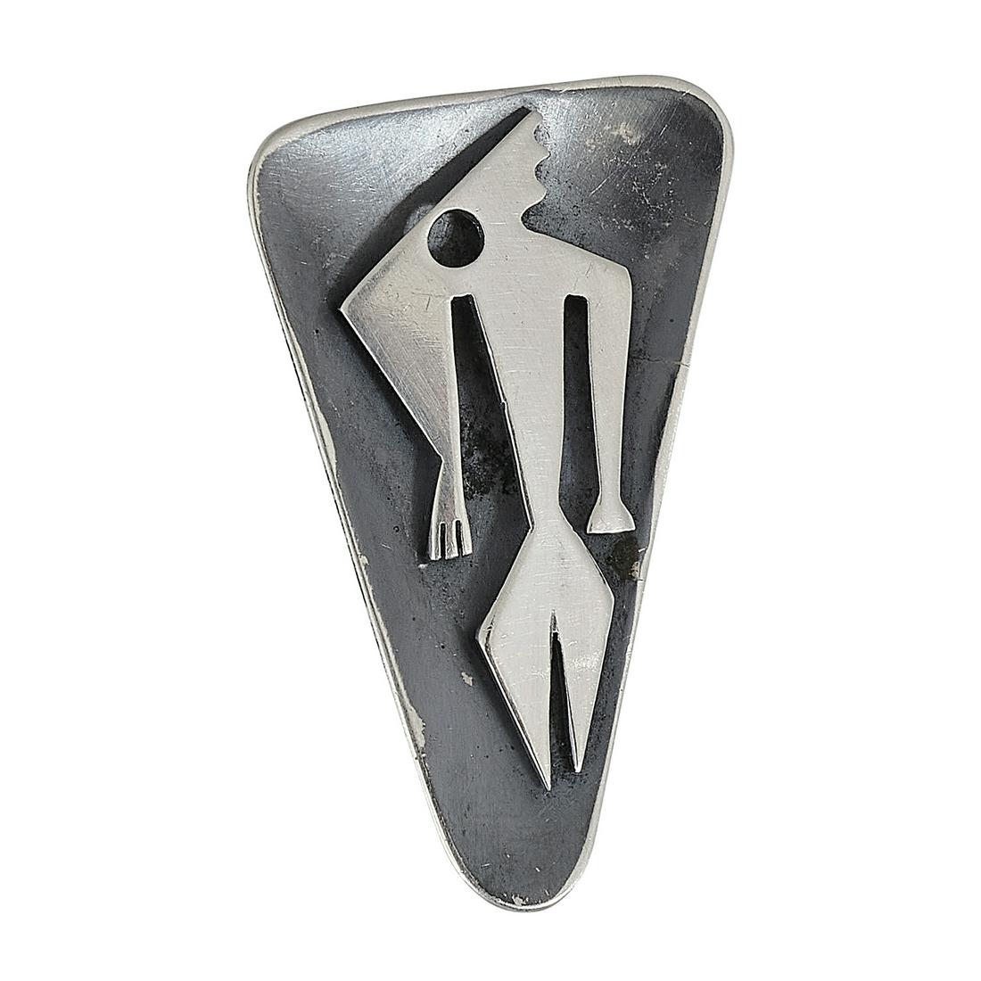 Ed Wiener abstract figural brooch: Ed Wiener (1918-1991) abstract figural brooch New York, New York sterling silver stamped marks 6.4 dwts 1 1/8"w x 1 7/8"h