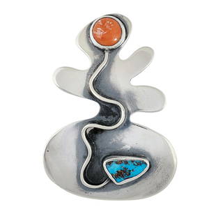 Sam Kramer modernist brooch: Sam Kramer (1913-1964) modernist brooch New York, New York sterling silver, coral, turquoise stamped marks 22.6 dwts 2 1/2"w x 1 13/16"h Provenance: The Paul & Terry Somerson Collection of 20th and