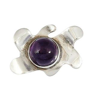 Sam Kramer modernist brooch: Sam Kramer (1913-1964) modernist brooch New York, New York sterling silver, amethyst stamped marks 5.5 dwts 1 3/8"w x 7/8"h Provenance: The Paul & Terry Somerson Collection of 20th and 21st Century