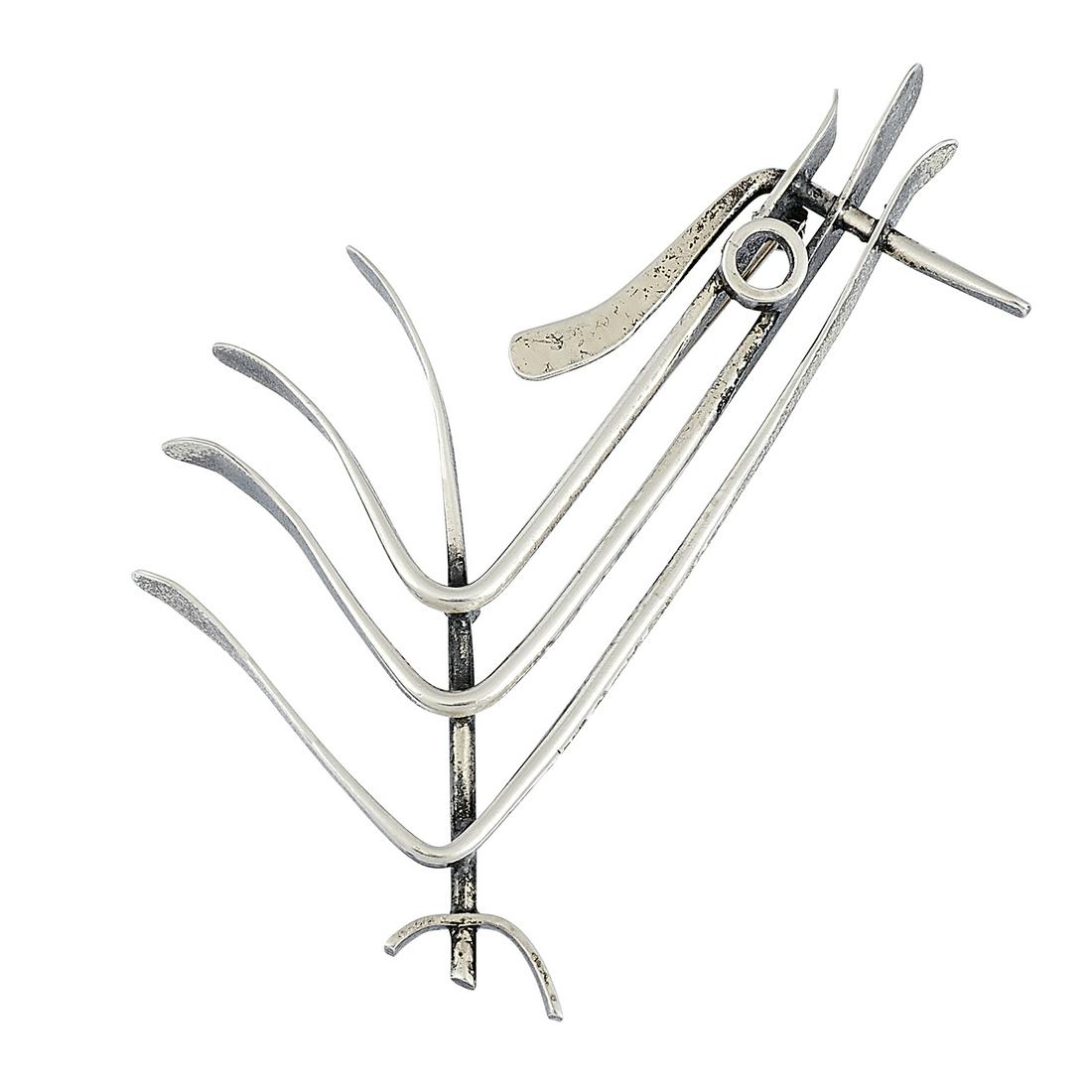 Frank Miraglia rooster modernist brooch: Frank Miraglia rooster modernist brooch New York, New York, 1950s-1960s sterling silver stamped marks 8.4 dwts 2 3/4"w x 3 3/16"h Provenance: The Paul & Terry Somerson Collection of 20th and 21st Cent