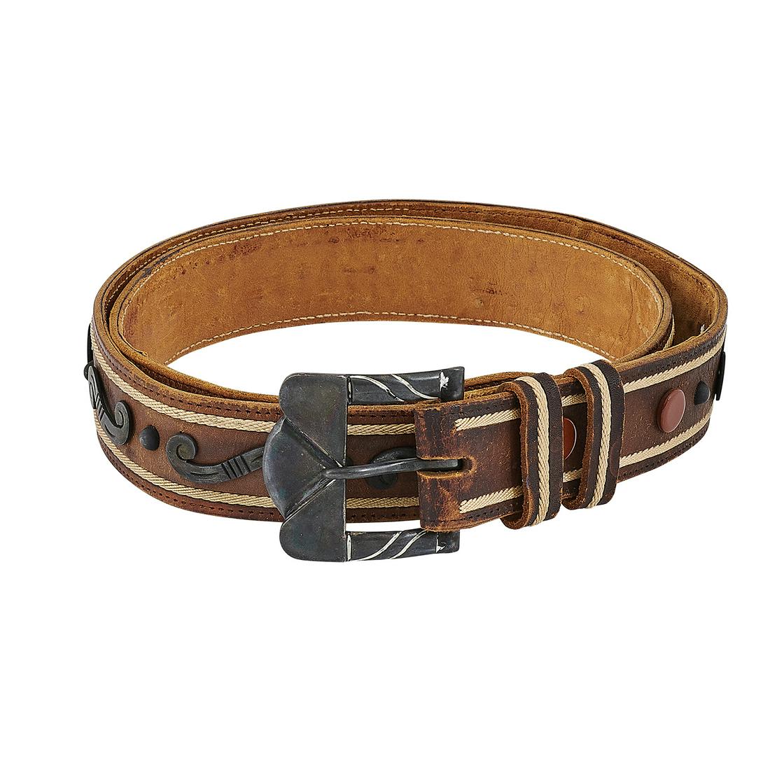 Hector Aguilar buckle & accessorized belt buckle: Hector Aguilar (1905-1986) buckle and accessorized belt Taxco, Mexico .940 silver, leather, other materials stamped marks buckle: 2"w x 1 7/8"h; belt: 1 1/4"w x 40 1/4"l