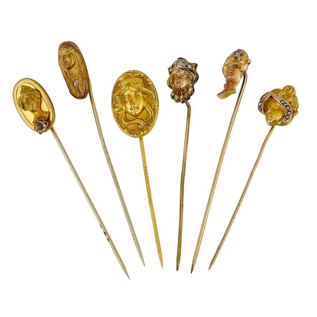 Art Nouveau group of lady motif stick pins, six (1 of 2)