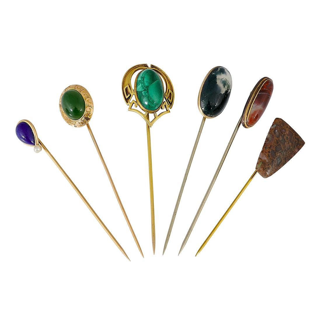 Various Ages group of stick pins, six: Various Ages group of stick pins, six left to right: 1) 14K yellow gold, lapis lazuli, seed pearl (marked) 2) 14K yellow gold, green jade (marked) 3) 14K yellow gold, malachite (unmarked) 4) 14K yello