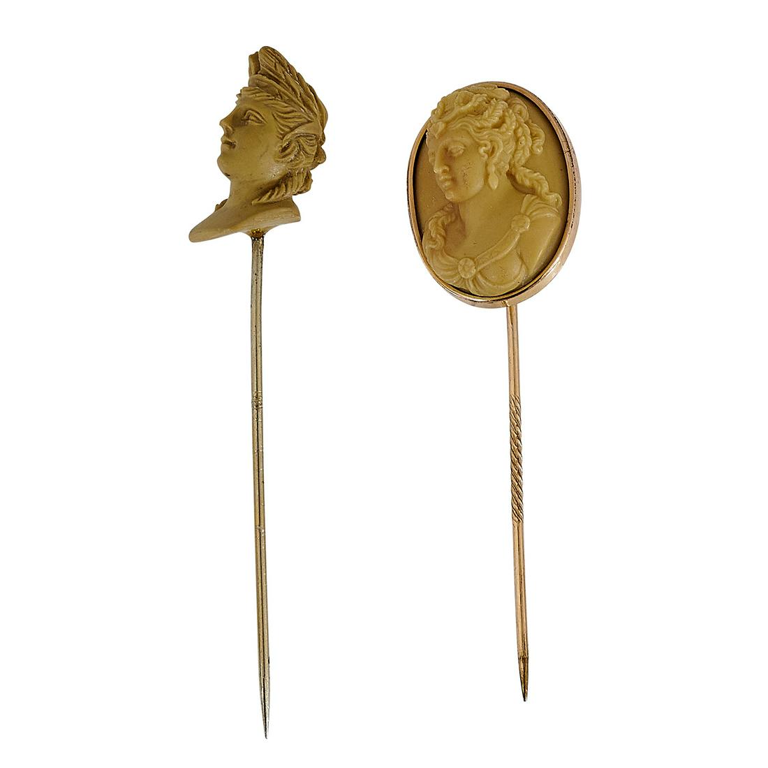 Antique stick pins, two: carved bust and cameo (1 of 4)