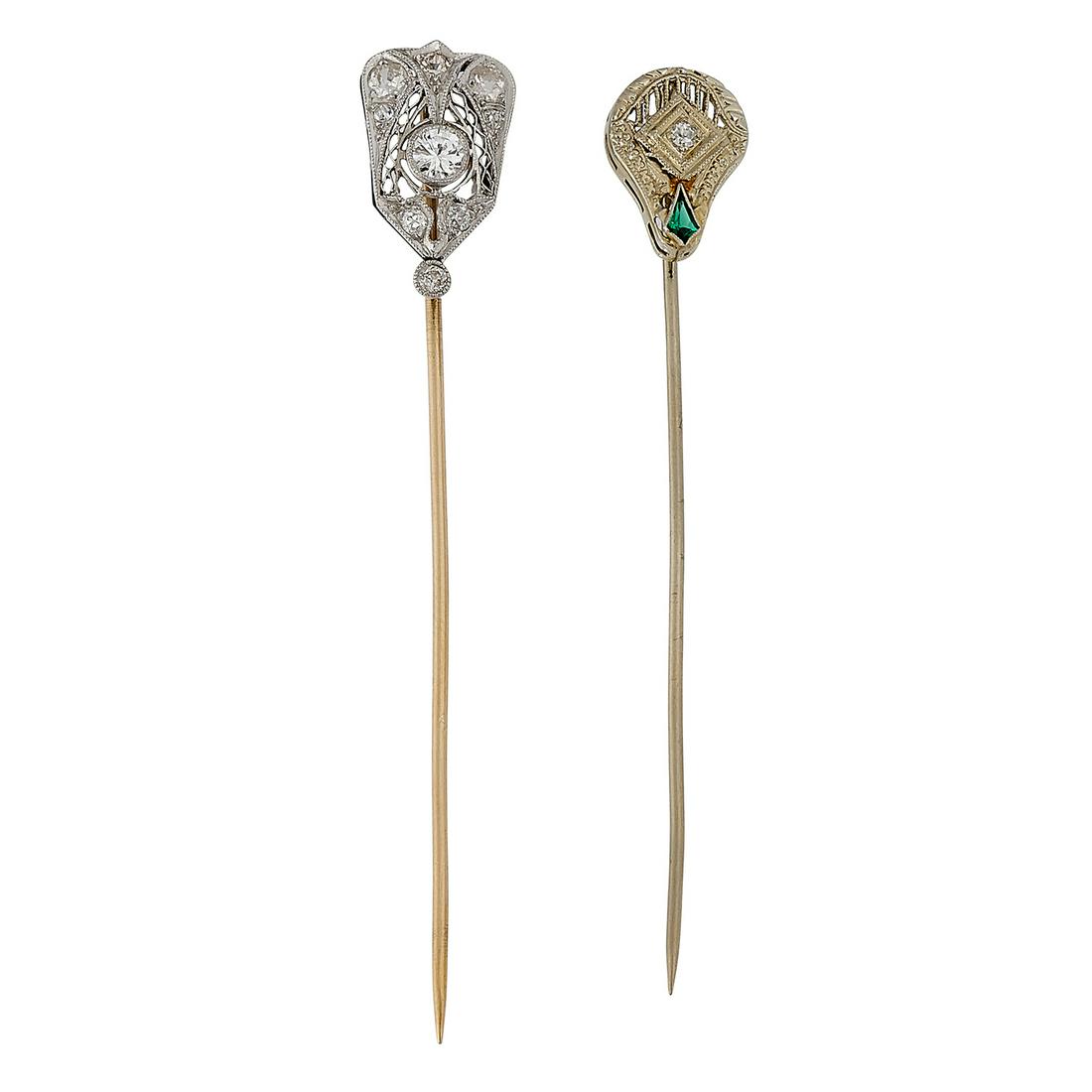 Art Deco gold and diamond stick pins, two (1 of 2)