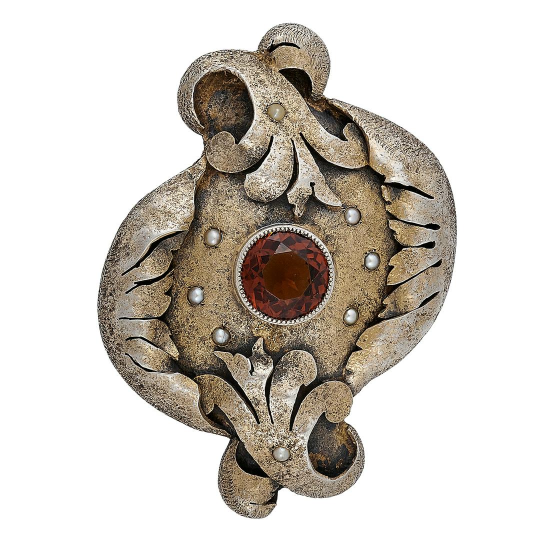 Gorham Mfg. Co. Arts & Crafts buckle, #29: Gorham Mfg. Co. Arts & Crafts buckle, #29 Providence, Rhode Island sterling silver, citrine, seed pearls stamped marks 22.9 dwts 2 1/8"w x 2 13/16"h
