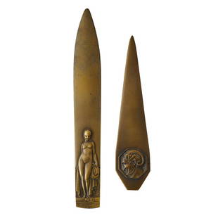 Pierre Turin letter openers, two: Pierre Turin (1891-1968) letter openers, two: decorated with a satyr and a maiden France, 1920s bronze signed longer: 15/16"w x 6 7/8"l