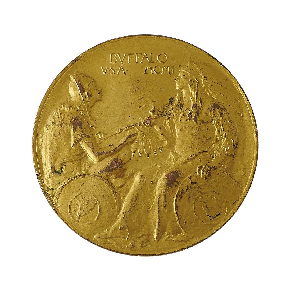 Hermon A. MacNeil / Gorham Pan-American Expo…: Hermon A. MacNeil (1866-1947) for Gorham Mfg. Co. Pan-American Exposition medal awarded to Henri Nestlé Buffalo, New York, 1901 gilt bronze embossed signature 2 1/2"dia