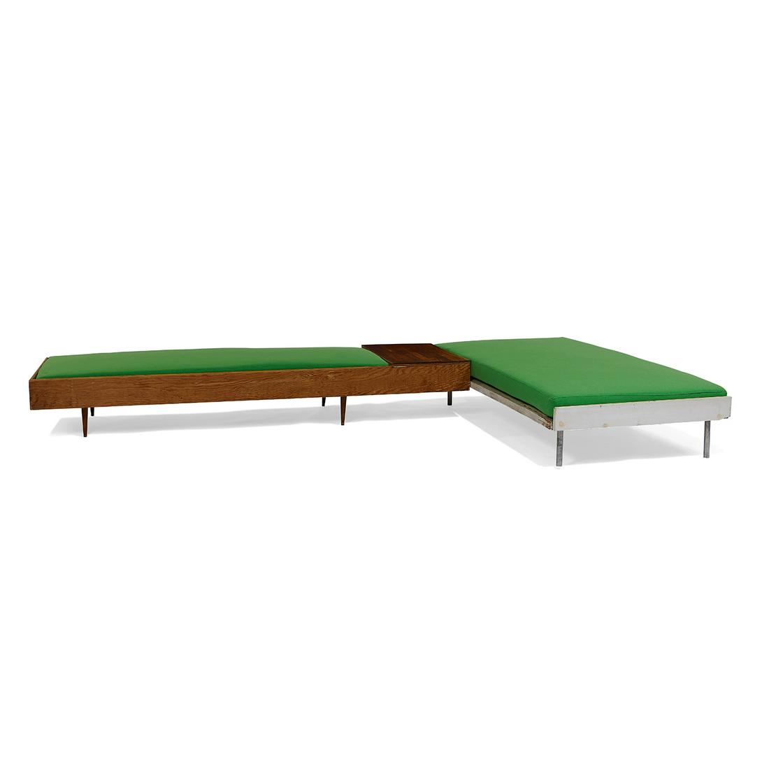 Irving Harper daybeds, pair George Nelson Herman Miller: Irving Harper (1916-2015) unique daybeds, two Rye, New York, circa 1950 pine, painted pine, oak, aluminum, upholstery (new vintage Alexander Girard fabric) unmarked Irving Harper helped found George N