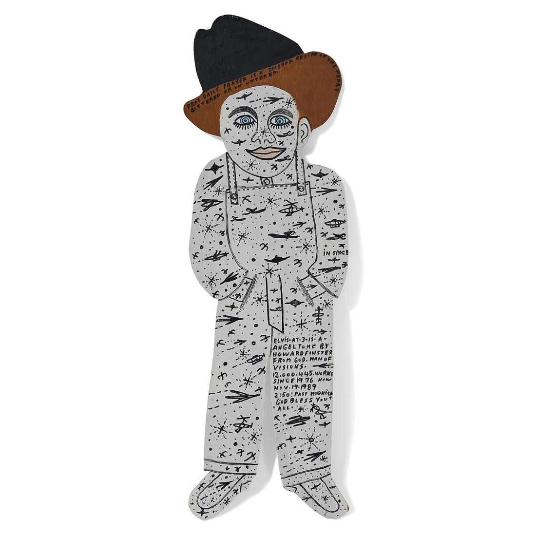 Howard Finster, Elvis-at-3-is-a Angel to Me…: Howard Finster (American, 1916-2001) Elvis-at-3-is-a Angel to Me #12000 and #445, 1989 wood cutout, paint and marker titled, signed and dated recto and signed verso 28 7/8" x 10 1/2"