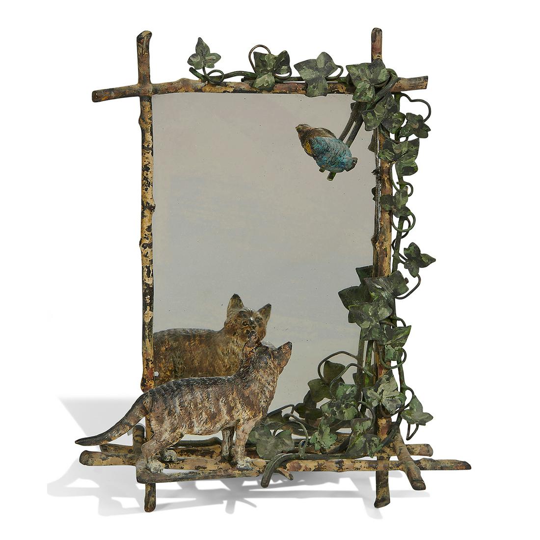 Austrian branch framed mirror w/ cat, bird & ivy (1 of 1)