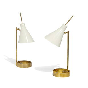 Roberto Giulio Rida articulating desk lamps, pair: Roberto Giulio Rida (b. 1943) articulating desk lamps, pair Italy, 2000s enameled steel, brass impressed mark to base 'Made in Italy' 7"w x 8"d x 22 1/2"h