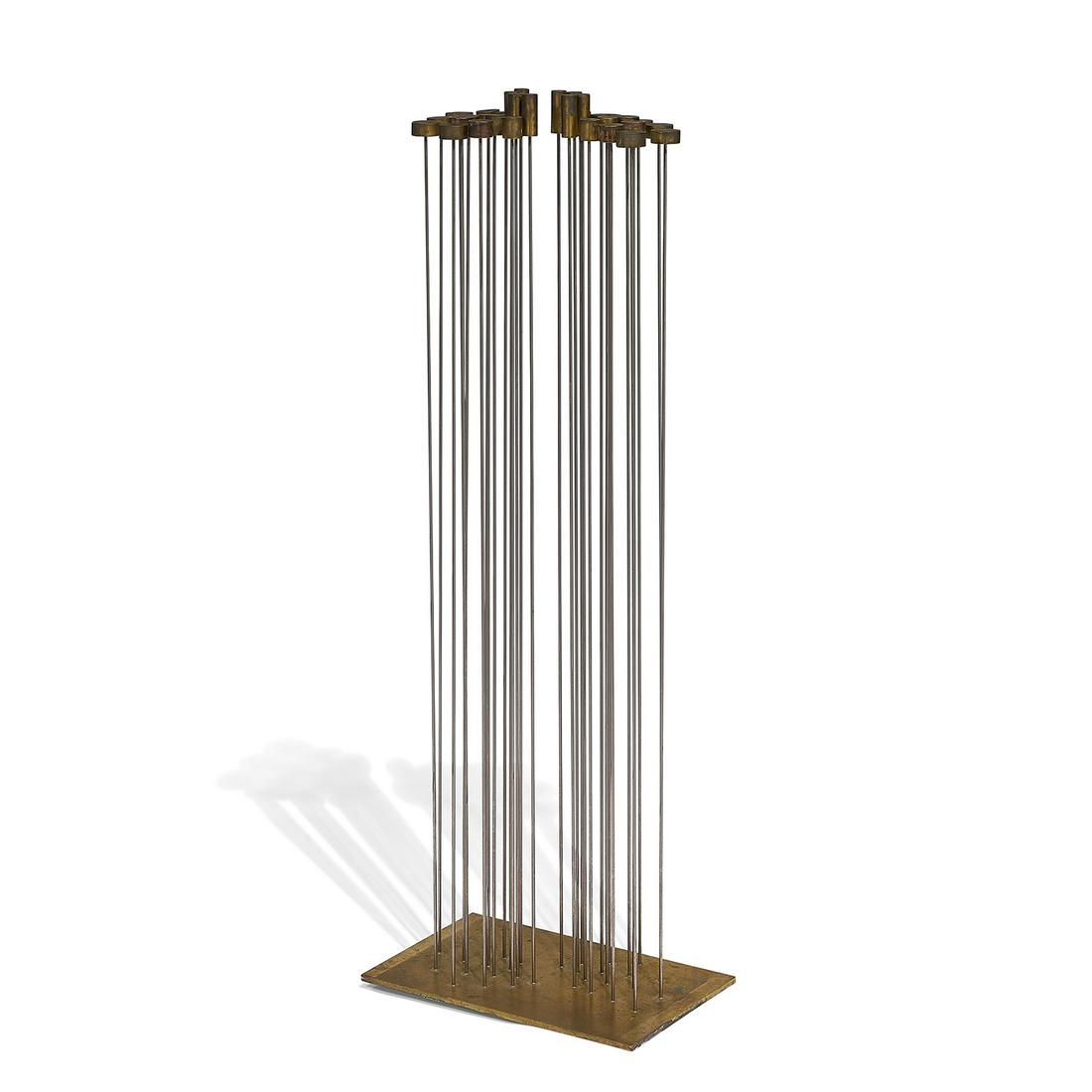 Val Bertoia Sound Blossom… sounding sculpture: Val Bertoia (b. 1949) Sound Blossom for Birthday in Spring Time sounding sculpture, #B-1734 Bertoia Studios, USA beryllium-copper 'cattail' tops silvered to beryllium-copper rods, brass base etched si