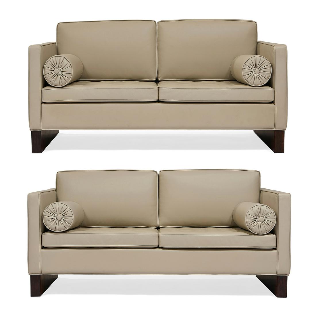 Ludwig Mies van der Rohe for Knoll Int'l settees: Ludwig Mies van der Rohe (1886-1969) for Knoll International settees, pair USA, 1972 Spinneybeck leather, rosewood sticker label to underside of one example each: 63"w x 32 1/2"d x 30 1/2"h