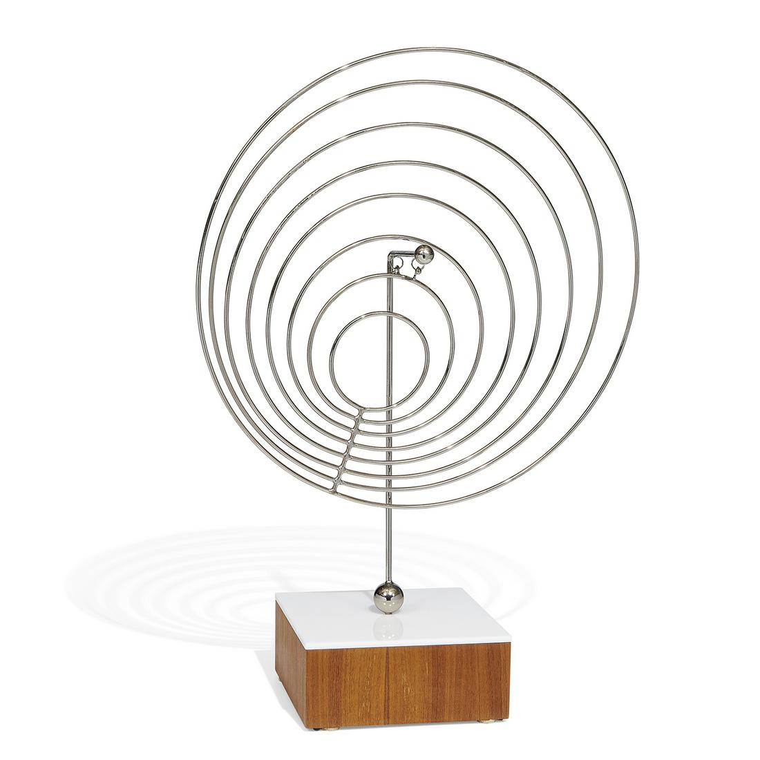 Joseph A. Burlini, Almost Concentric Circles: Joseph A. Burlini (American, b. 1937) Almost Concentric Circles, 1982 (kinetic) steel, white acrylic and walnut (base) signed and dated 22 1/2"h x 18 1/4"w x 5 3/8"d