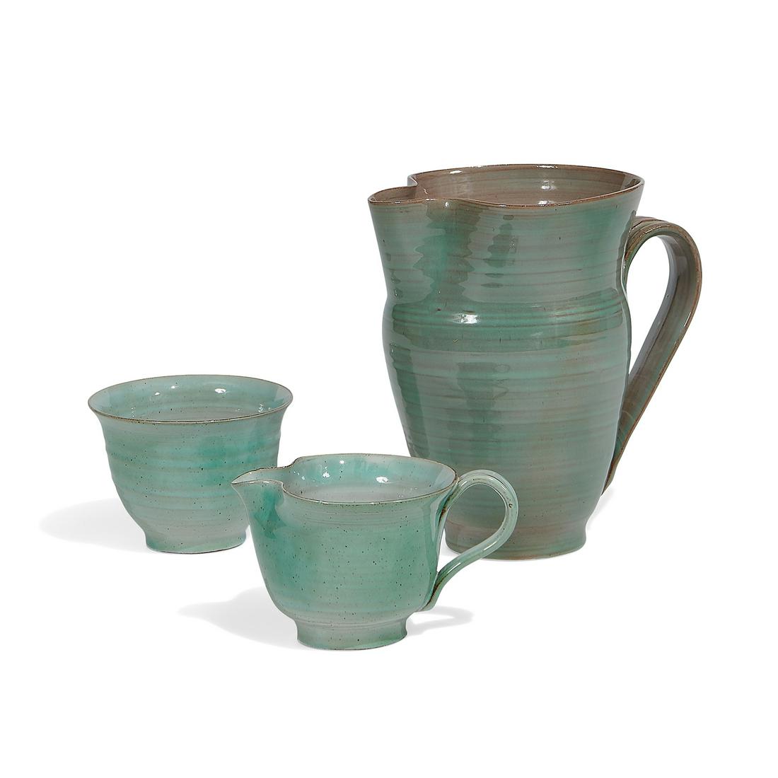 Edwin & Mary Scheier pitcher, creamer, sugar bowl: Edwin Scheier (1910-2008) & Mary Scheier (1908-2007) pitcher, creamer and sugar bowl set Green Valley, Arizona glazed earthenware incised signature 'Scheier' pitcher: 6 1/4"w x 4 3/4"d x 6 1/4"h; crea