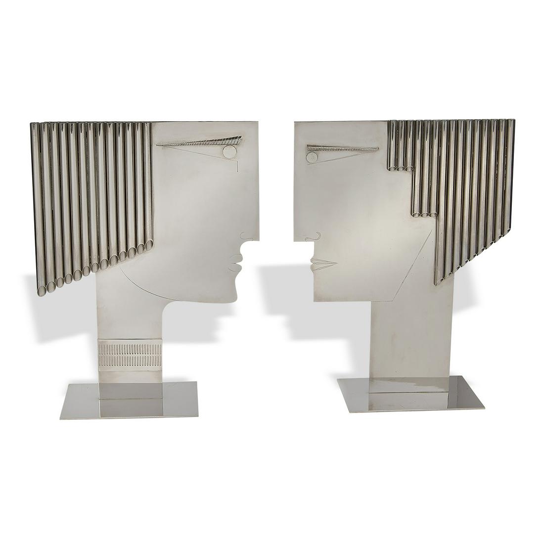 Franz Hagenauer Man and Woman head sculptures, 2: Franz Hagenauer (1906-1986) for Hagenauer Werkstätte Man and Woman head sculptures, two Vienna, Austria nickel-plated brass impressed maker's marks and 'M 1290' / 'W 1290' 16 1/2"w x 6 1/2"d x 21