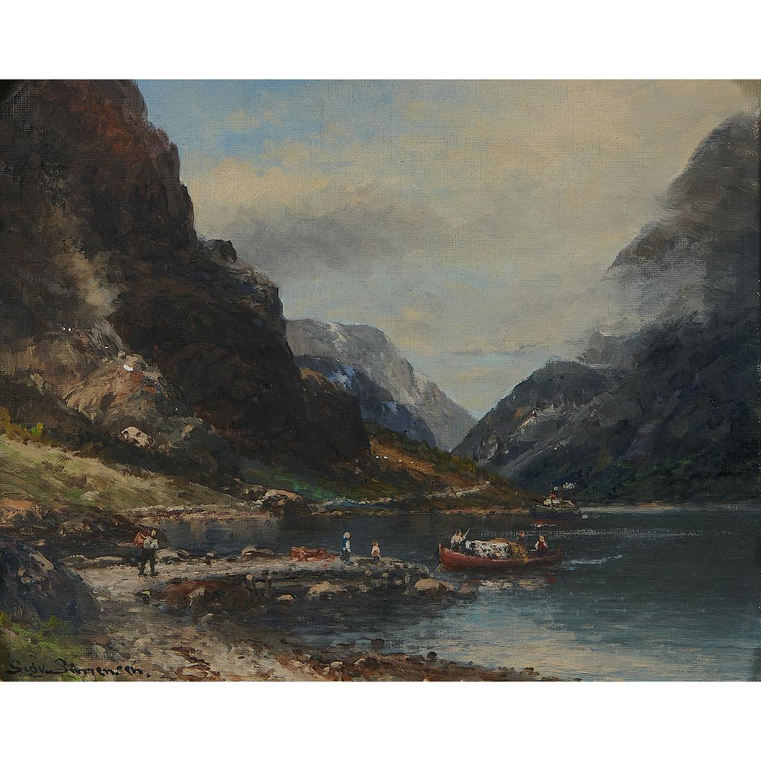 Sigvald Simensen, Fjord Landscape …: Sigvald Simensen (Norwegian, 1845-1920) Fjord Landscape with Figures and Boats oil on canvas signed lower left 11" x 13 1/2"