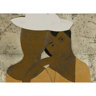 Marie Vassilieff, A Couple with White Hats: Marie Vassilieff (Russian, 1884-1957) A Couple with White Hats, 1927 collage with drawing signed and dated 5 1/4" x 6 3/4"