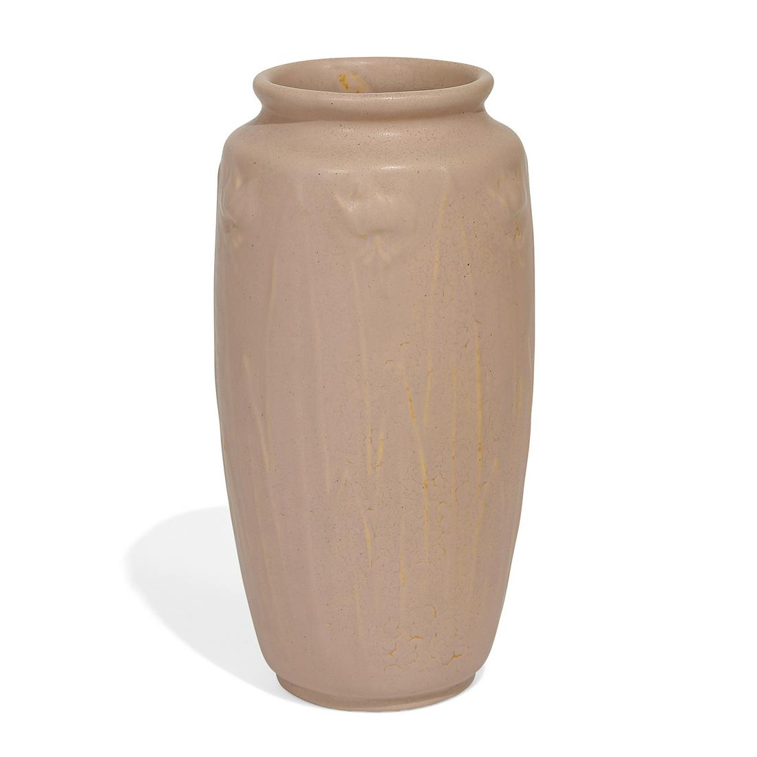 Teco earthenware vase, embossed flowers (1 of 3)